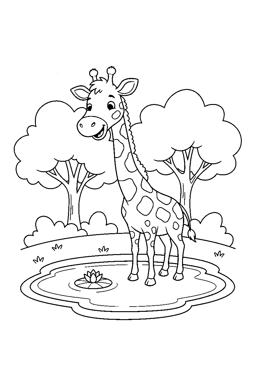 giraffe looking happy at a park pond line art