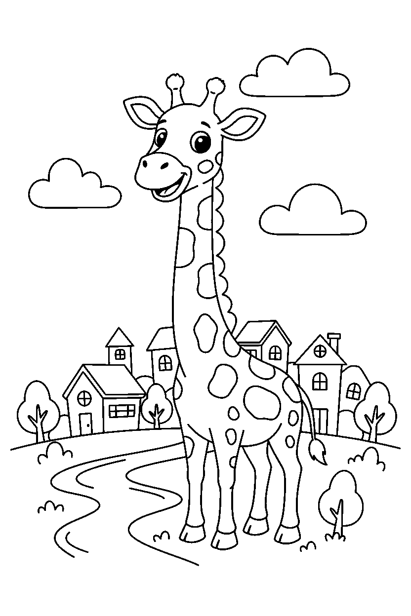 giraffe looking happy in a cartoon village line art