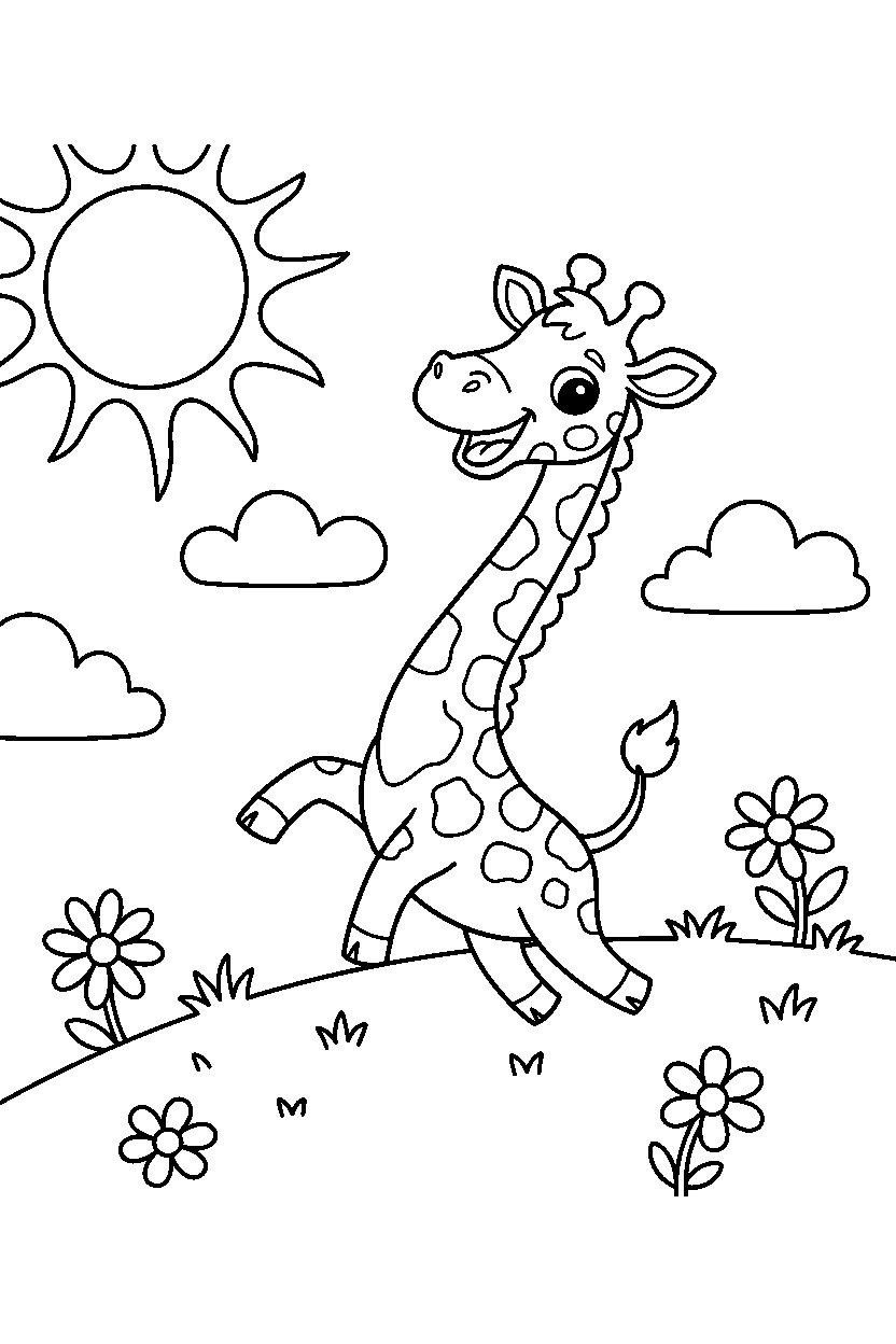 giraffe playing happily on a grassy hill line art