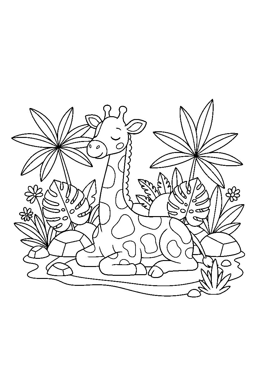 giraffe relaxing peacefully in a jungle clearing line art