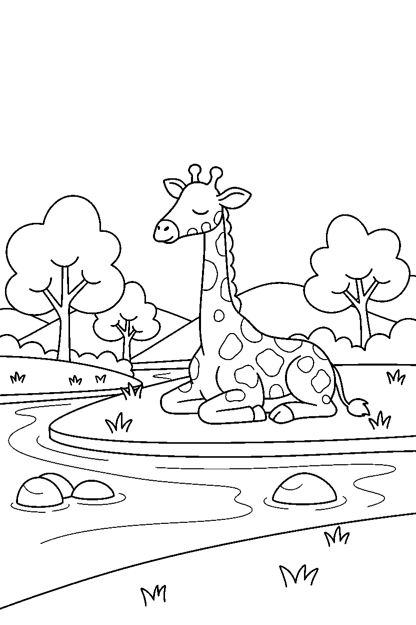giraffe resting peacefully near a river line art