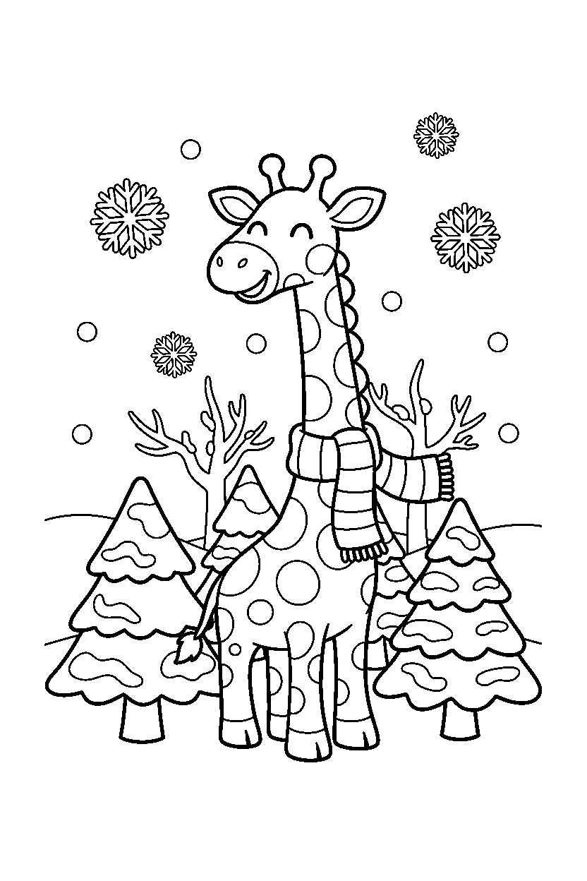 giraffe standing happily in a winter forest line art