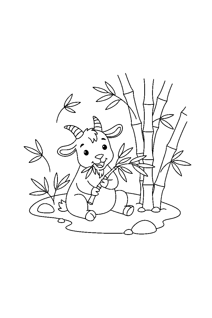 goat eating a snack in a bamboo forest line art