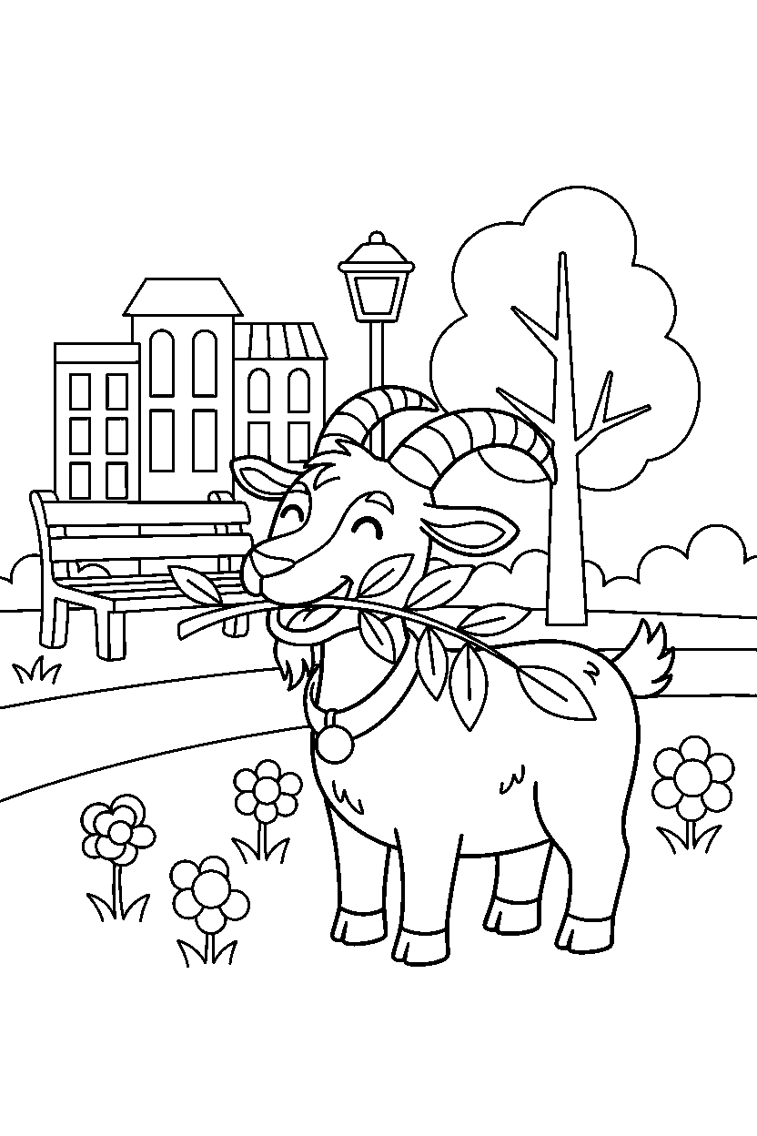 goat eating happily in a city park line art
