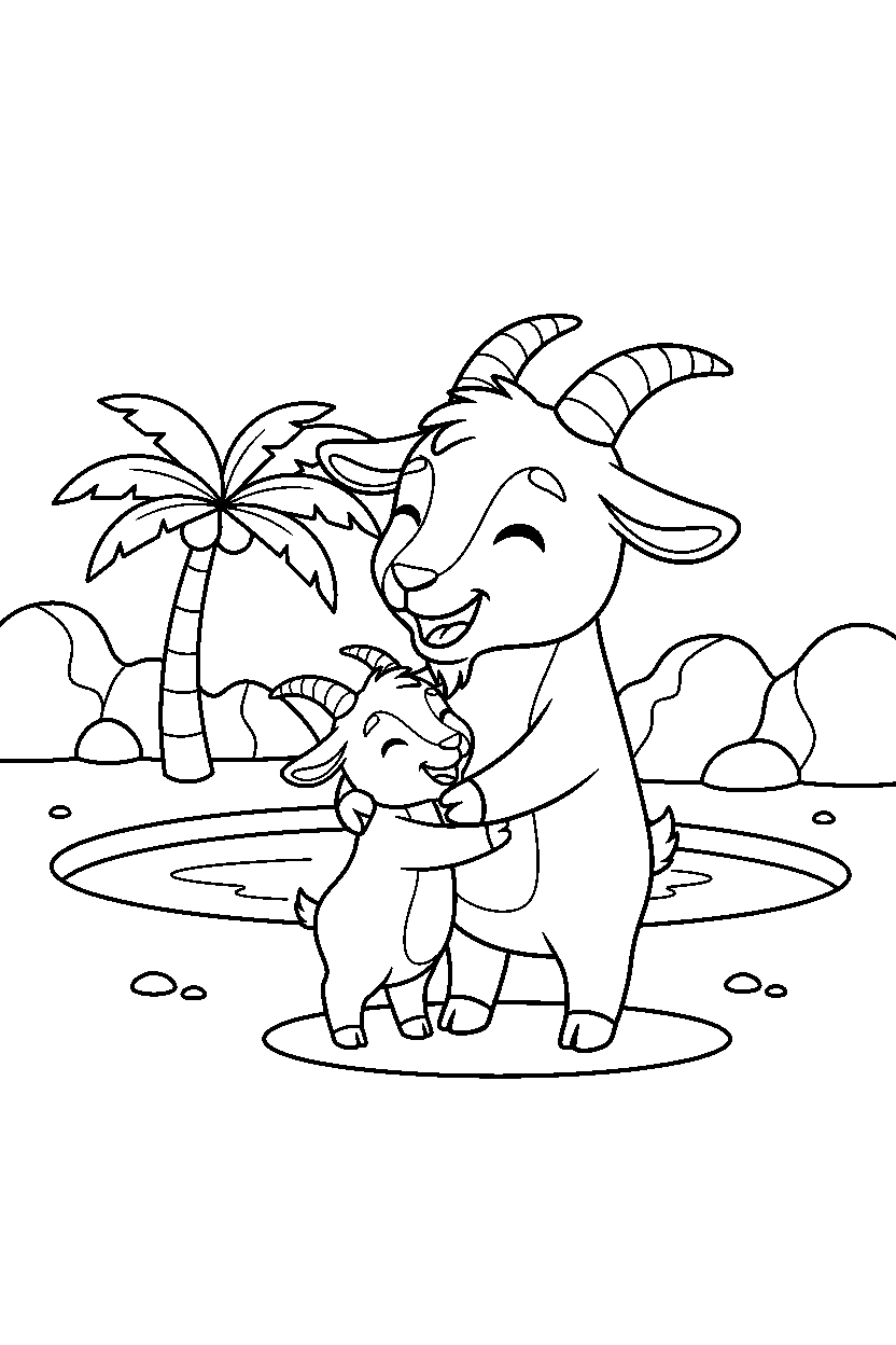 goat hugging happily in an oasis line art