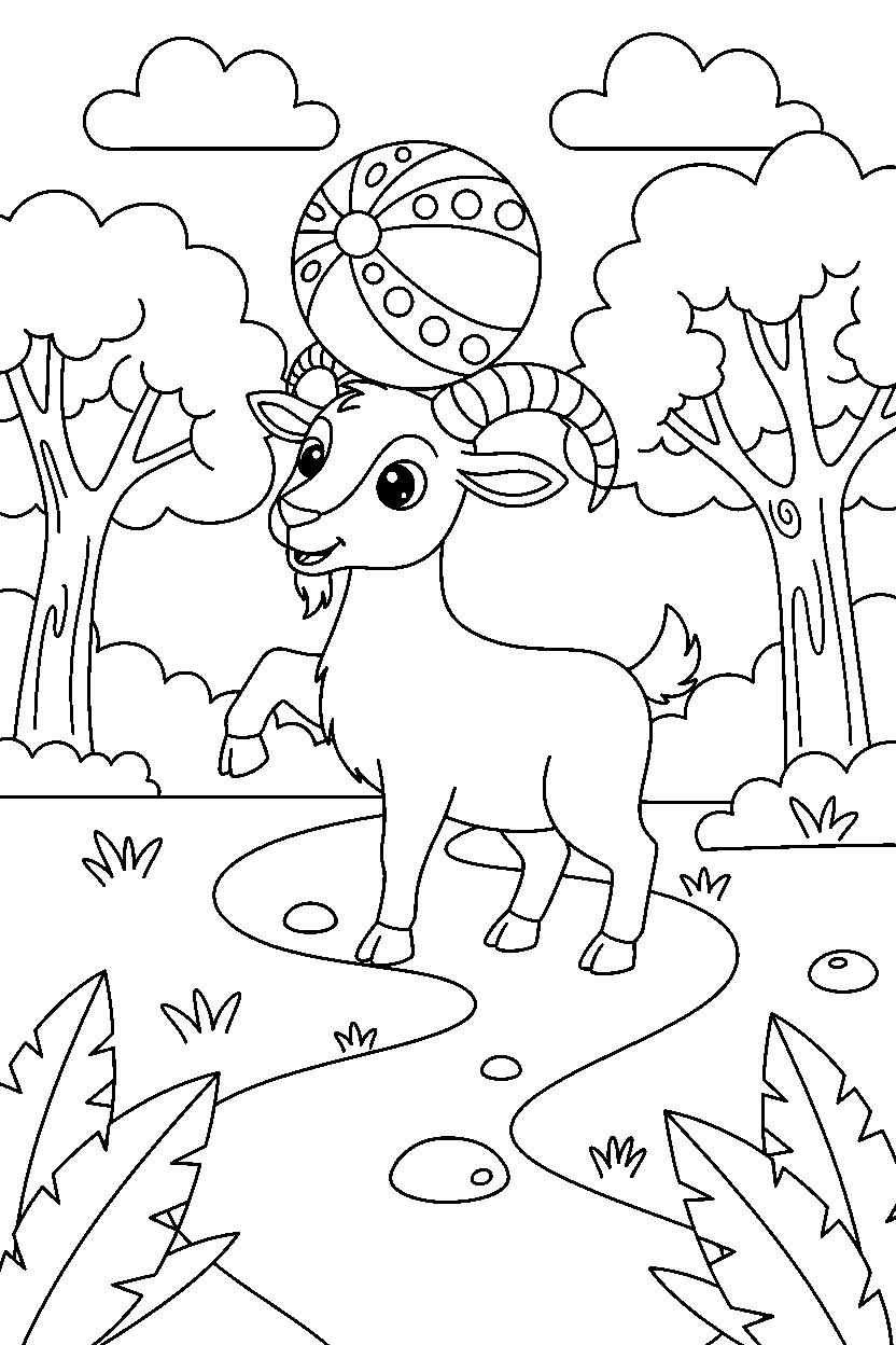 goat playing with a ball on a forest trail line art