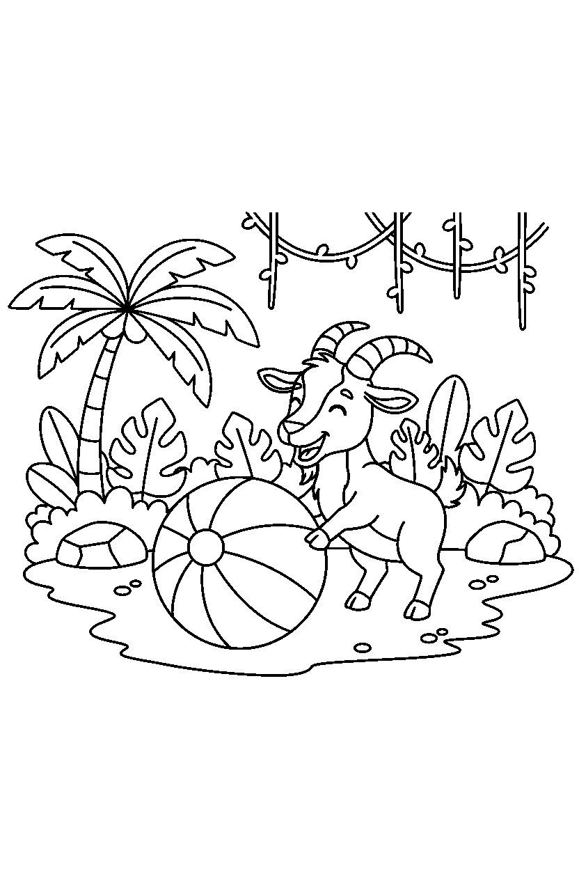 goat rolling a ball in a jungle clearing line art