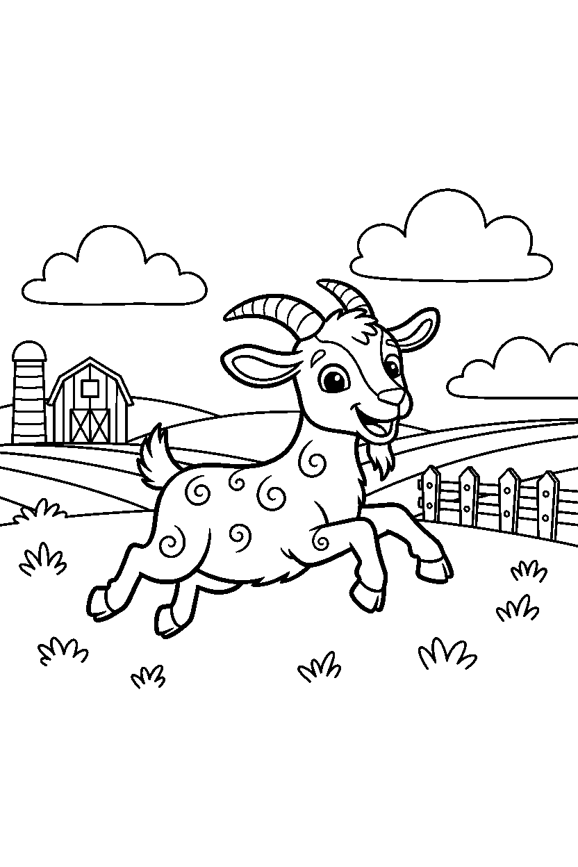 goat running happily in a farm field line art