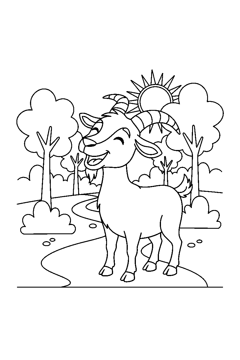 goat smiling happily on a forest trail line art