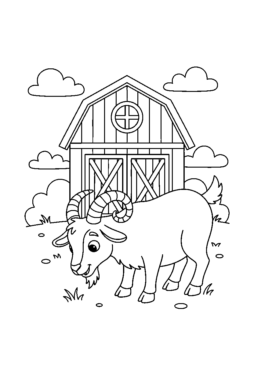 goat sniffing curiously near a barn line art
