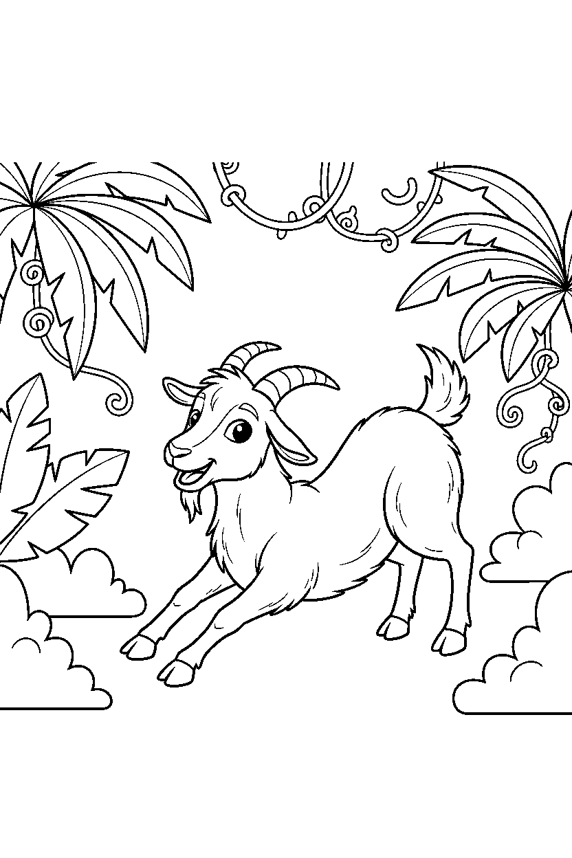 goat stretching playfully in the jungle line art