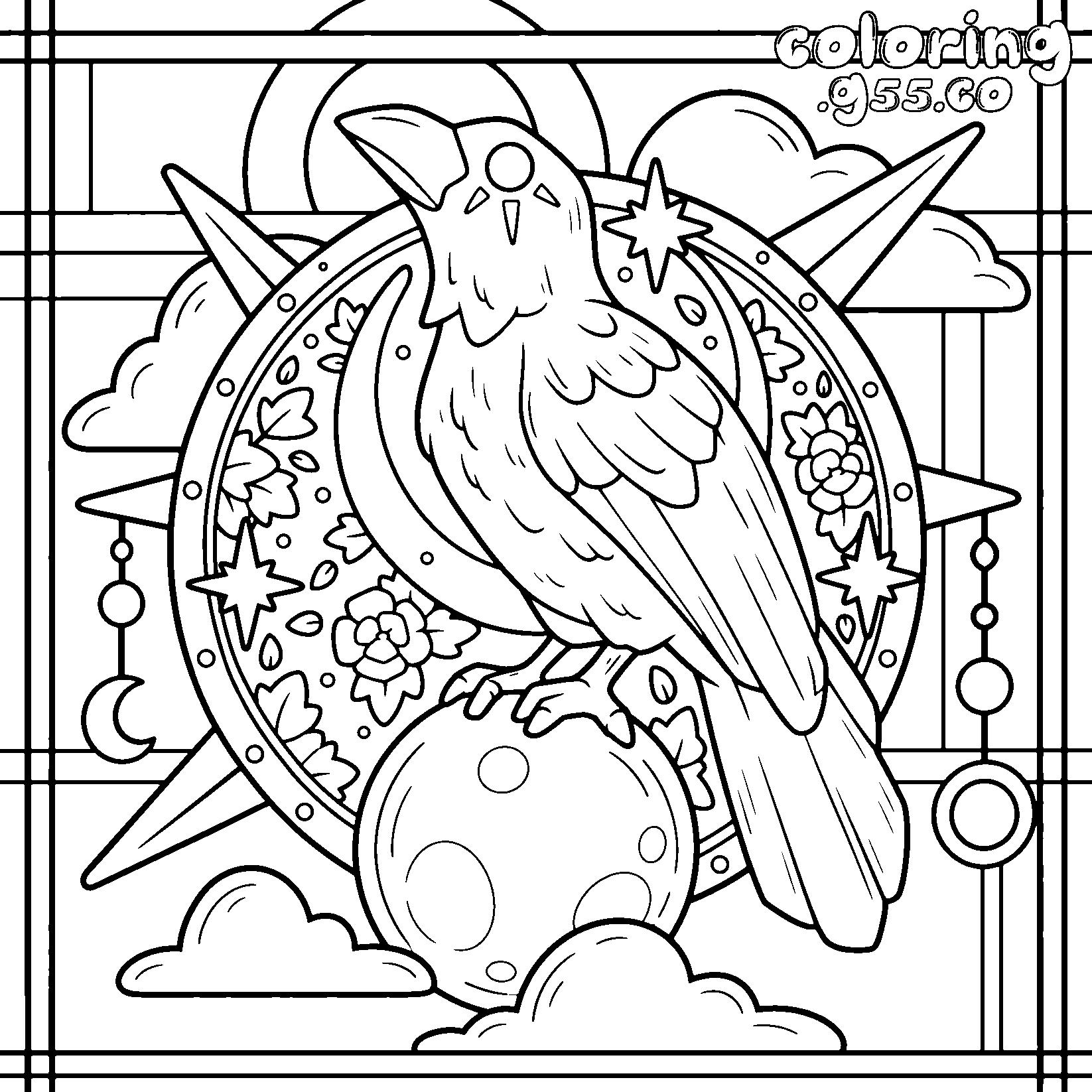 gothic raven celestial crescent moon line art