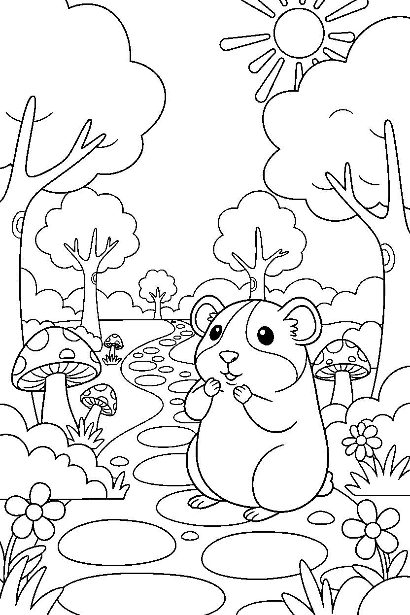 guinea pig listening carefully on a forest trail line art