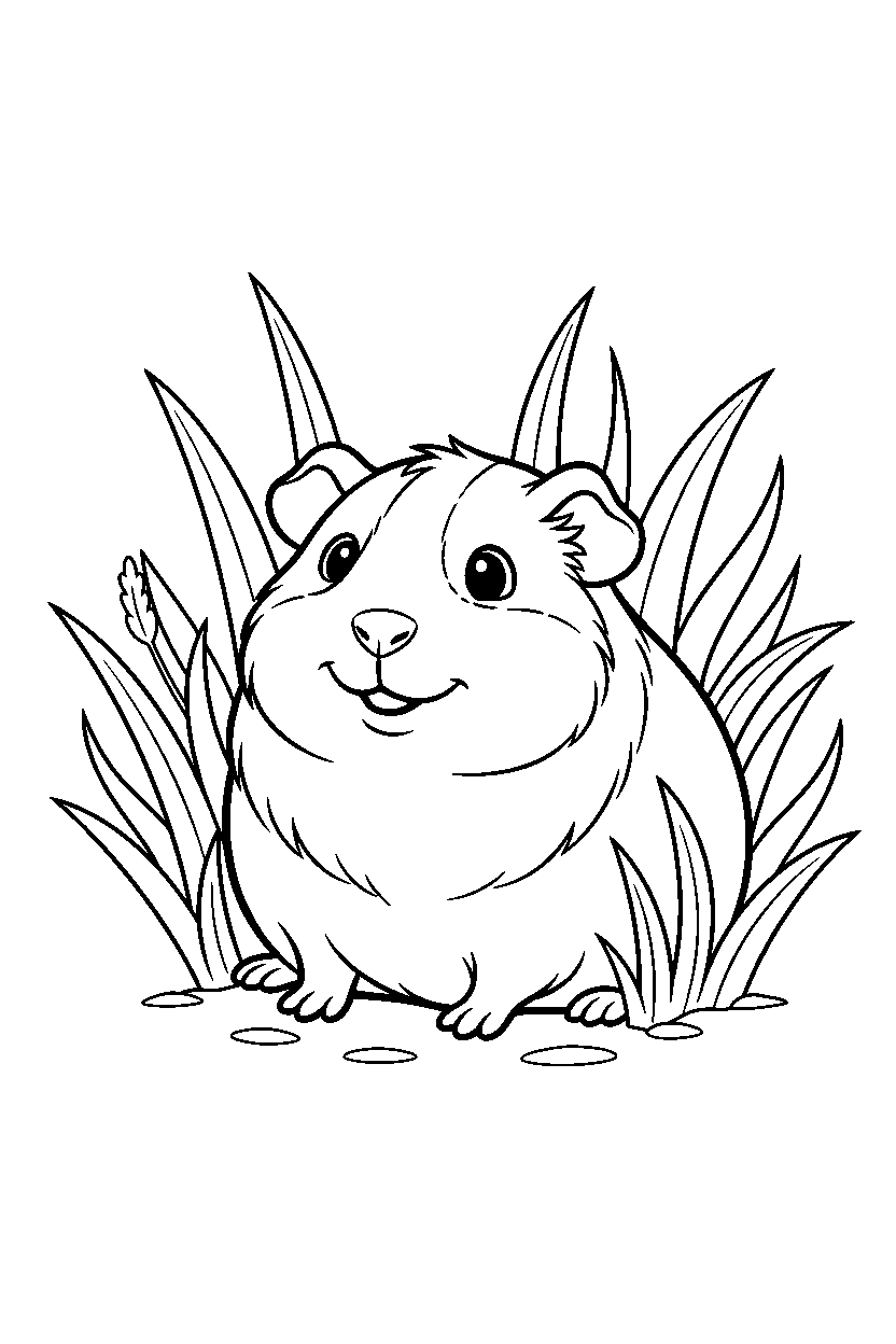 guinea pig looking happy in tall grass line art