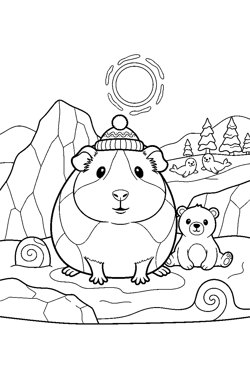 guinea pig sitting calmly in a polar landscape line art