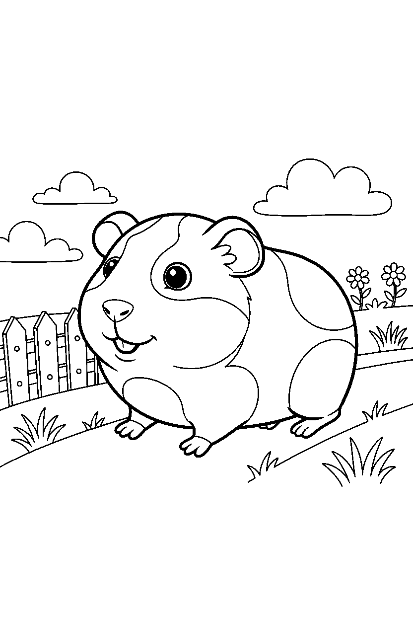 guinea pig walking happily in the countryside line art