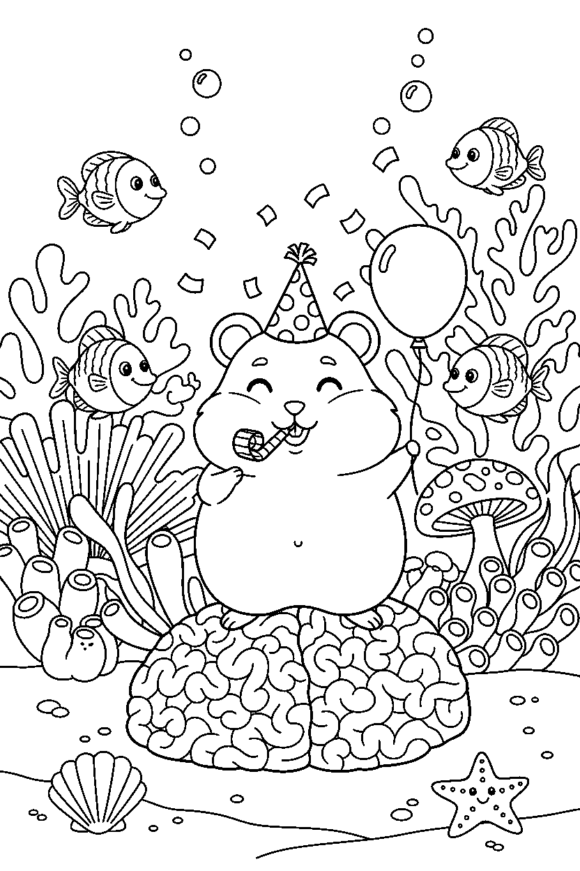 hamster celebrating happily in a coral reef line art
