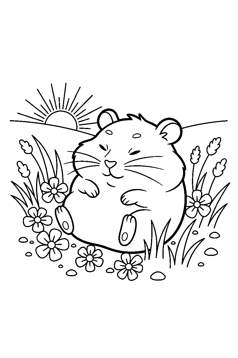 hamster napping calmly in an open field line art
