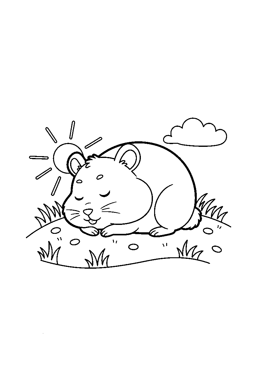 hamster napping calmly on a grassy hill line art