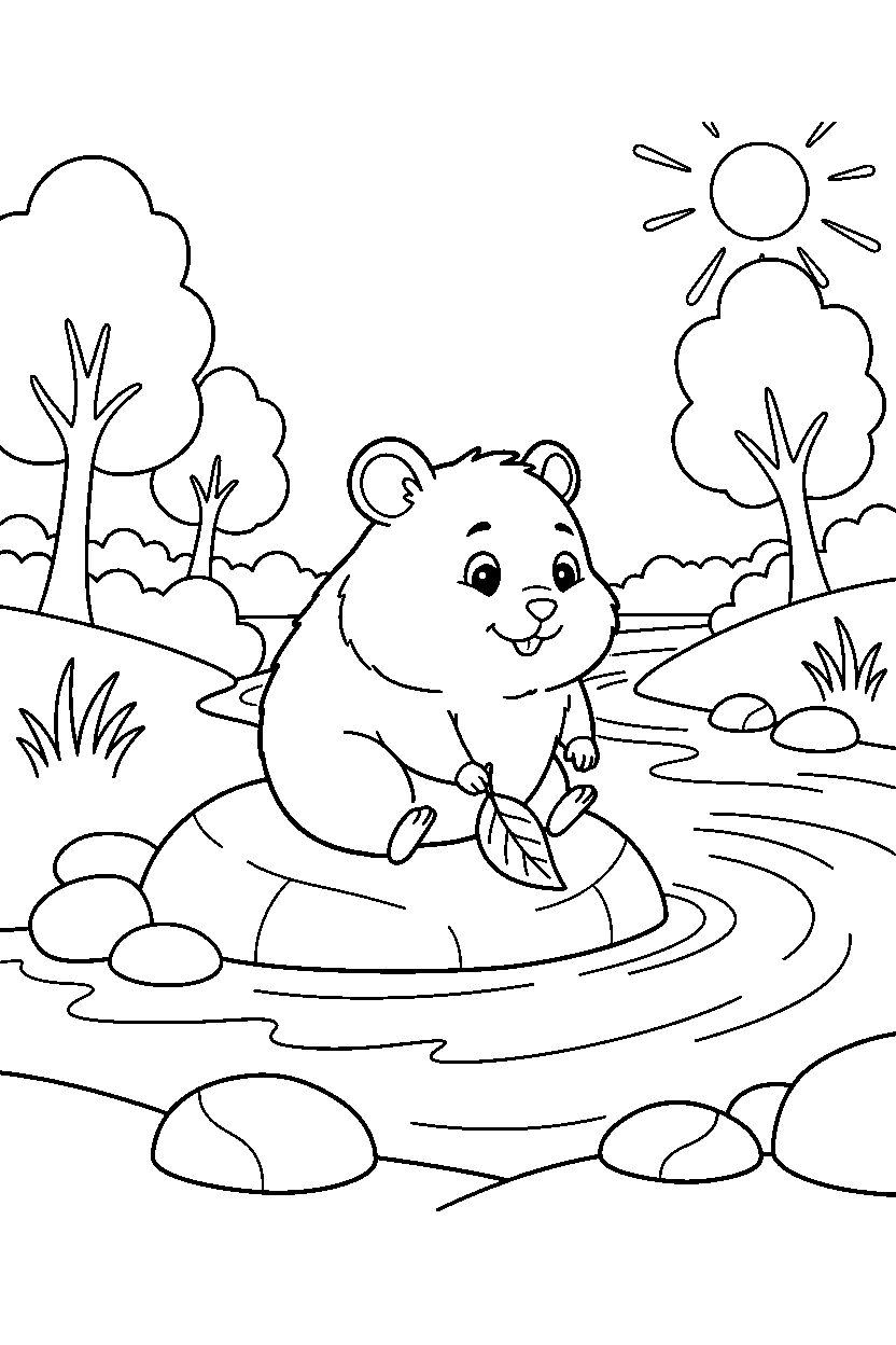 hamster playing gently on a river bank line art