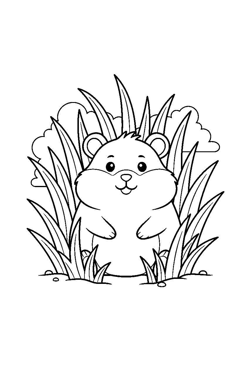hamster sitting calmly in tall grass line art