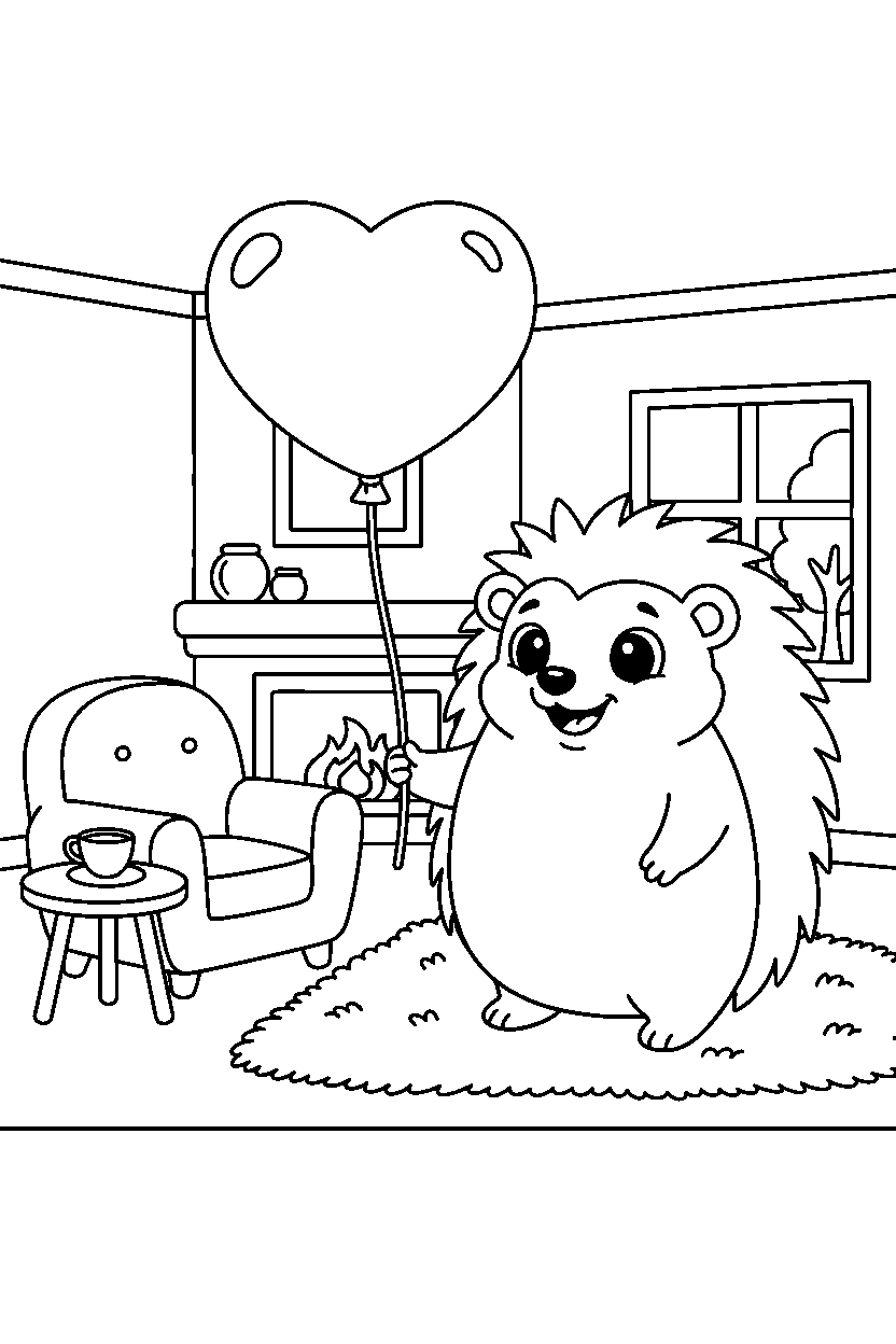 hedgehog holding a balloon inside a cozy home line art