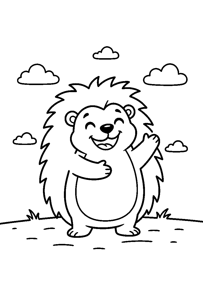 hedgehog hugging happily in an open field line art