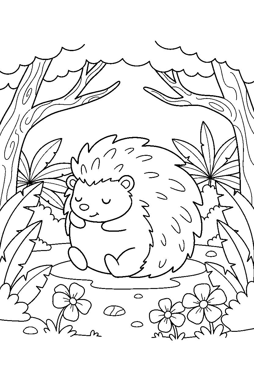 hedgehog napping calmly in a jungle clearing line art