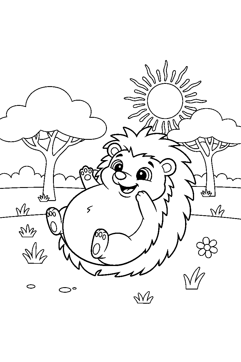hedgehog playing happily on the savanna line art