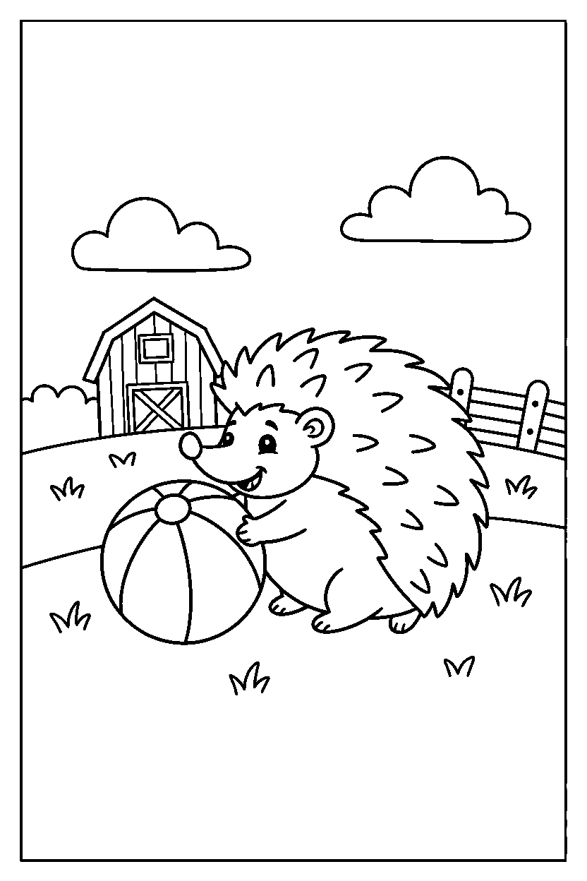 hedgehog playing with a ball on a farm line art