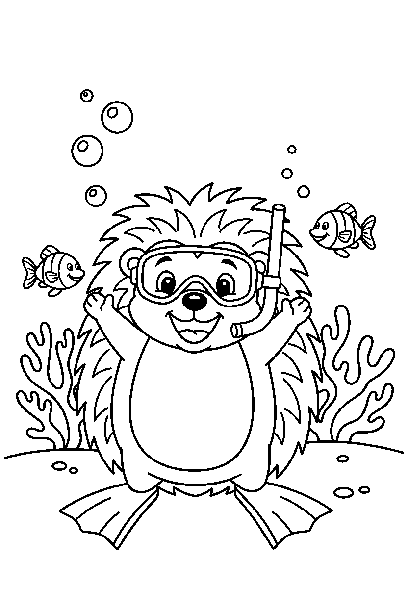 hedgehog posing happily under the sea line art