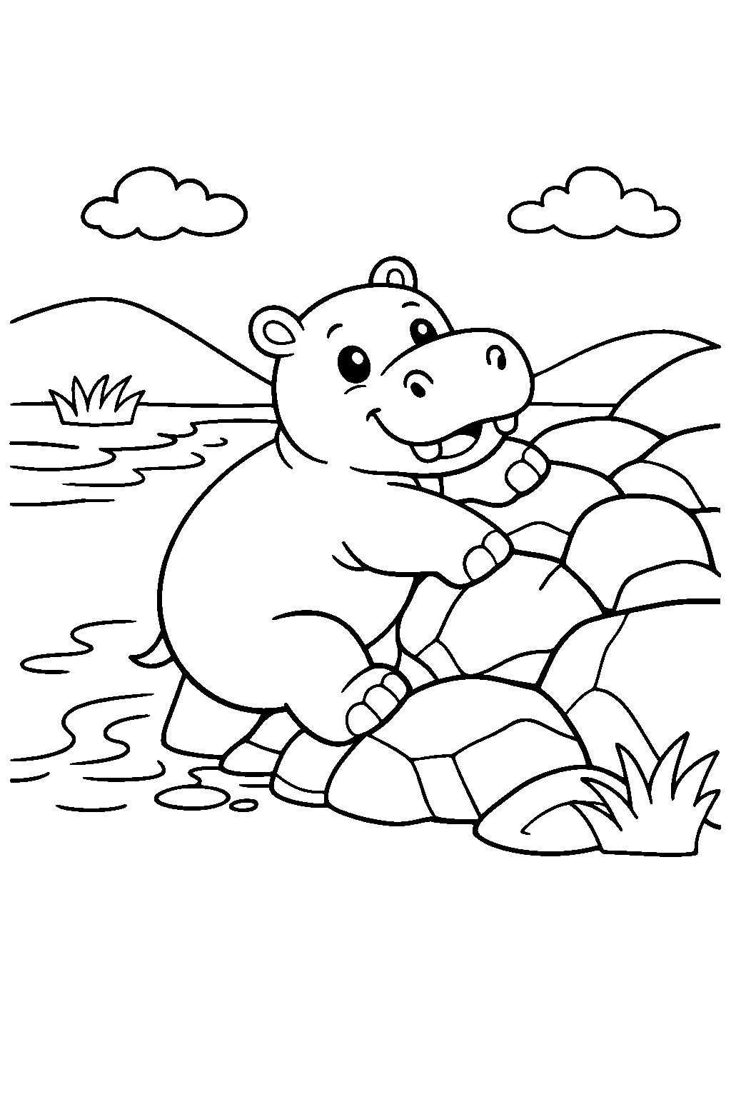 hippopotamus climbing rocks river bank line art