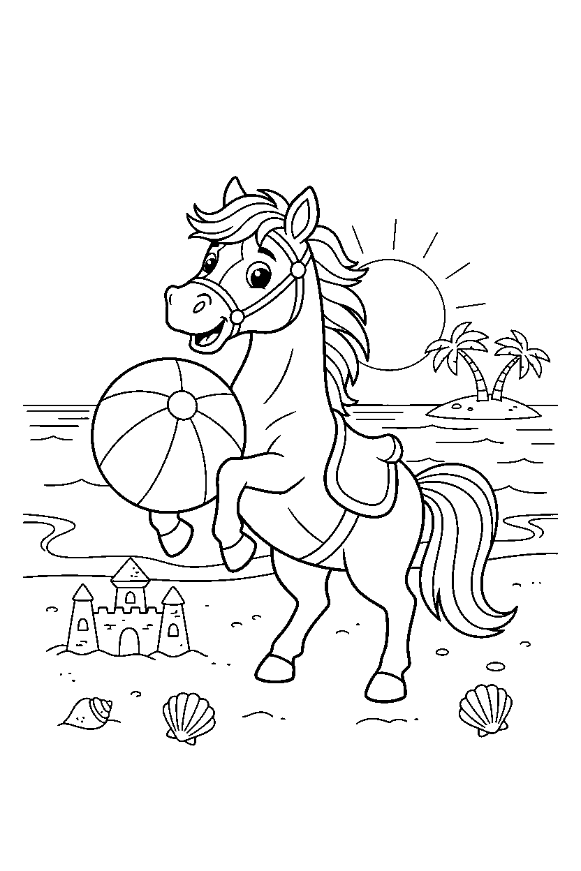 horse holding a ball on an ocean beach line art
