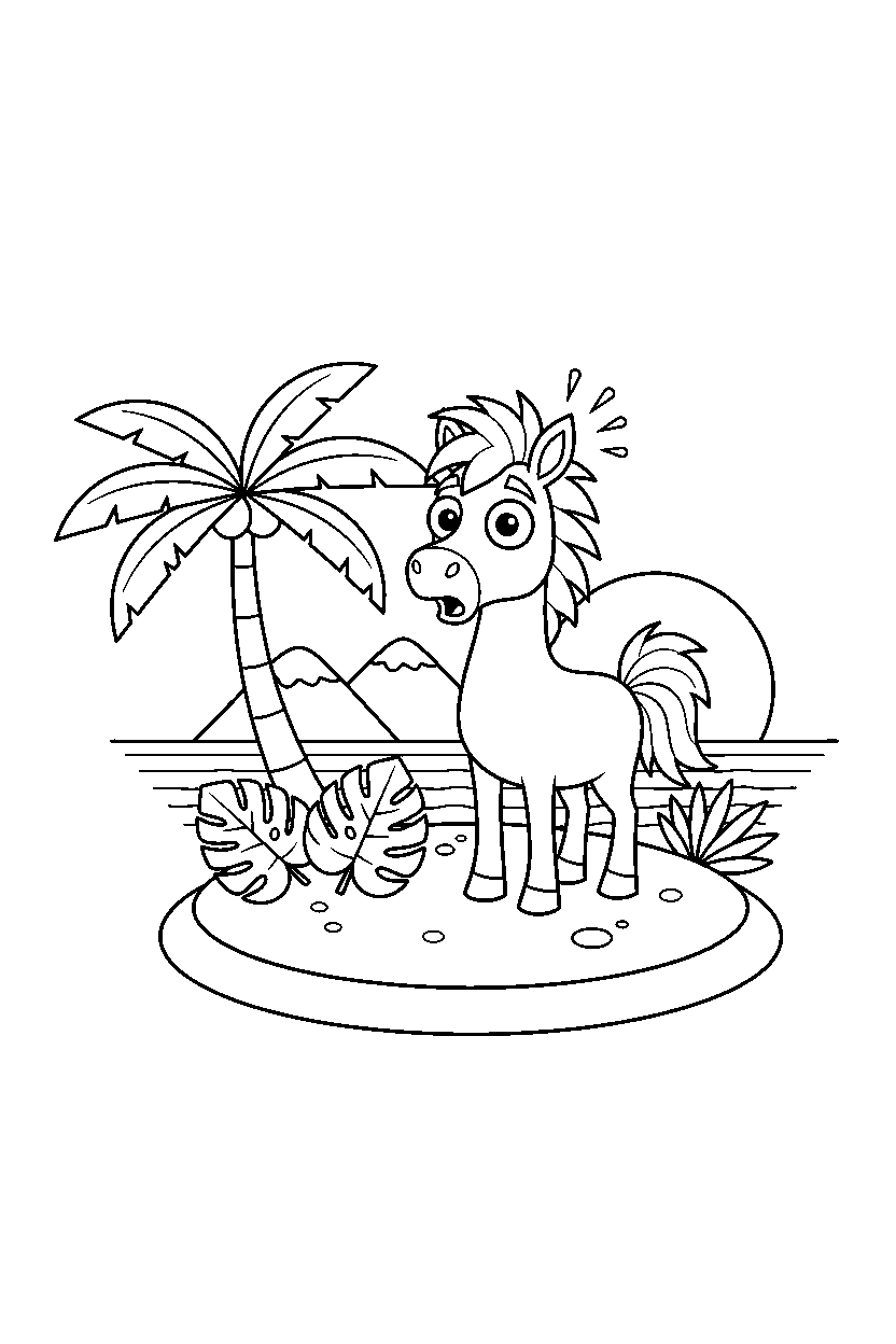 horse looking surprised on a tropical island line art