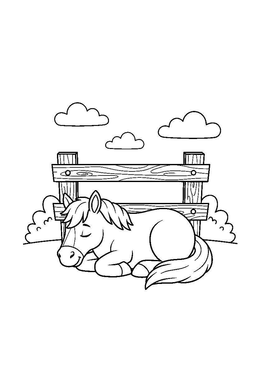 horse napping calmly near a wooden fence line art