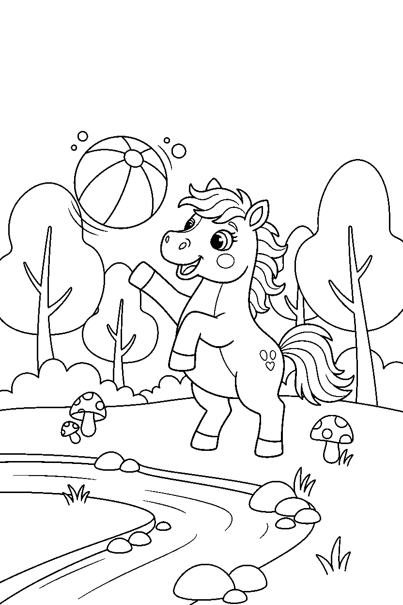 horse playing with a ball in a forest line art
