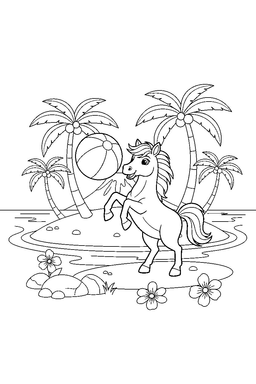 horse playing with a ball on a tropical island line art