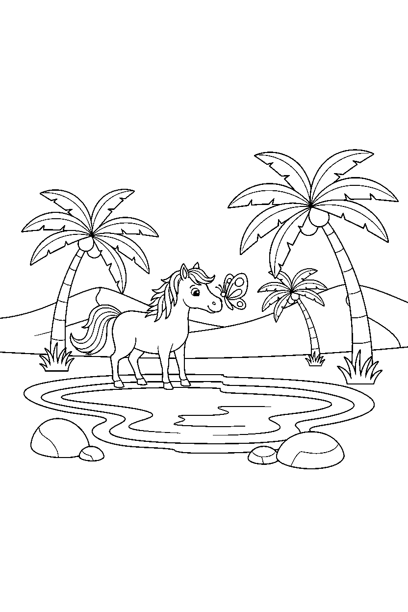 horse playing with a butterfly in an oasis line art