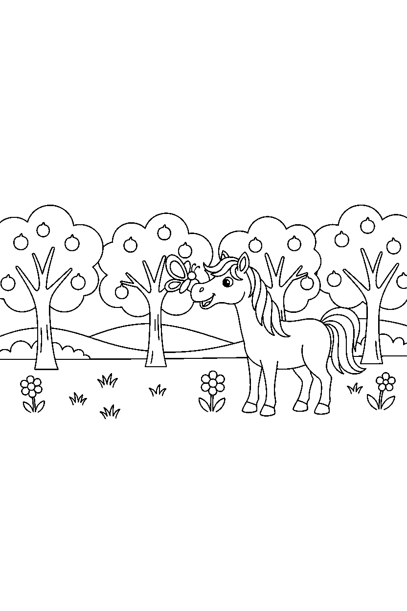 horse playing with a butterfly in an orchard line art