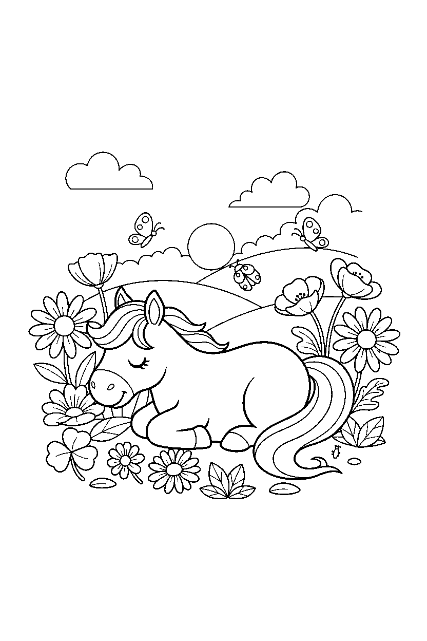 horse relaxing peacefully in a flower meadow line art