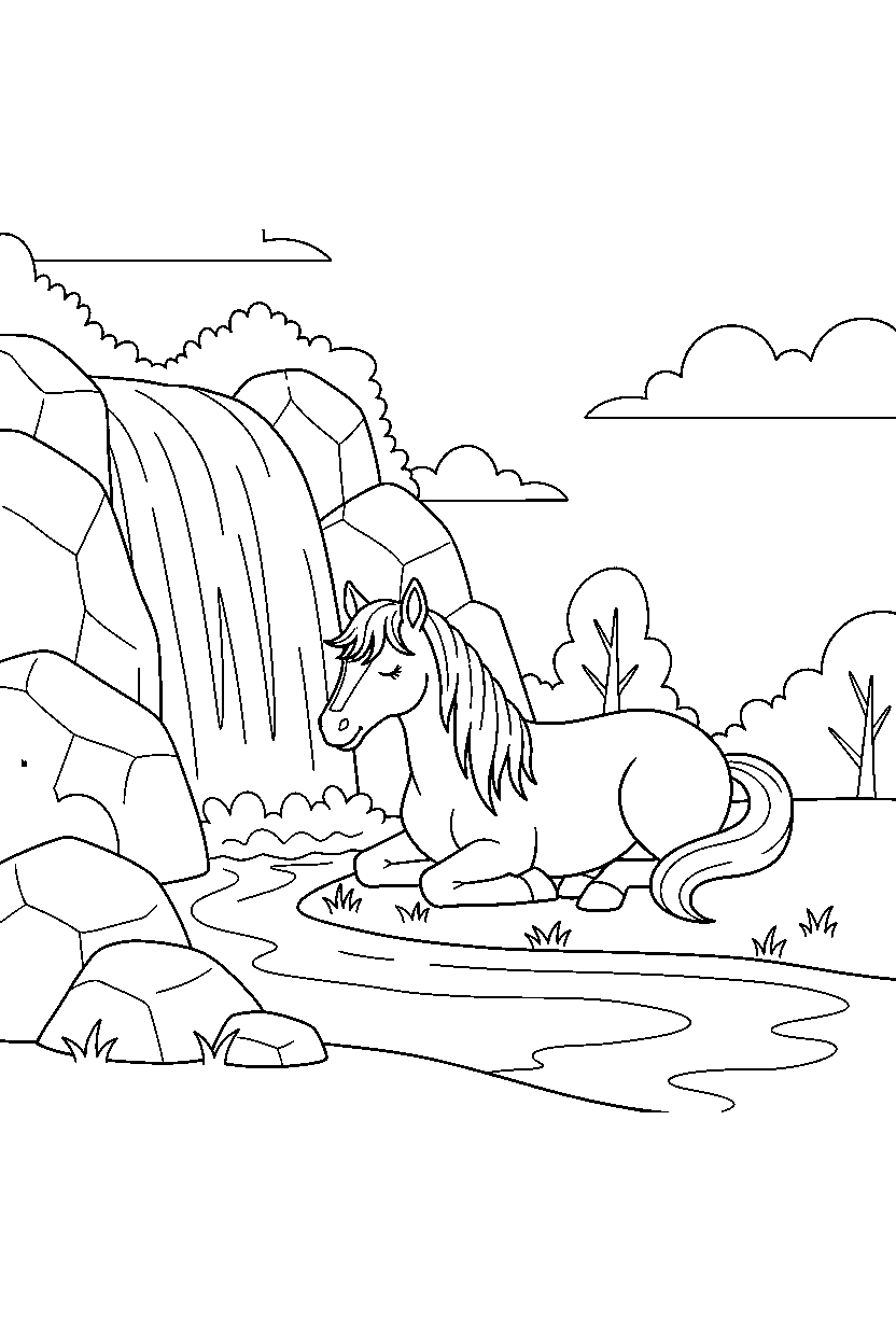 horse resting by waterfall line art