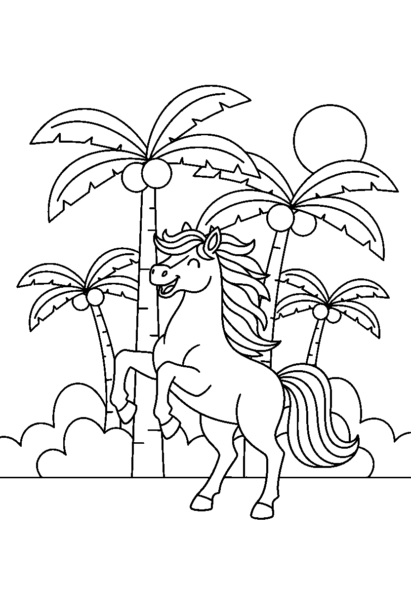 horse standing happily in a palm forest line art