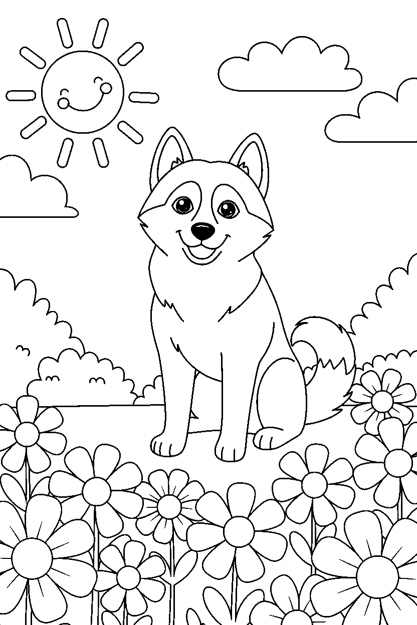 husky sitting in a flower meadow line art