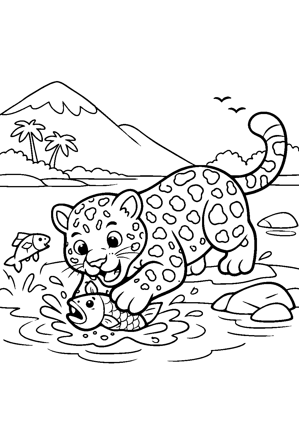 jaguar catching fish in a nature reserve line art