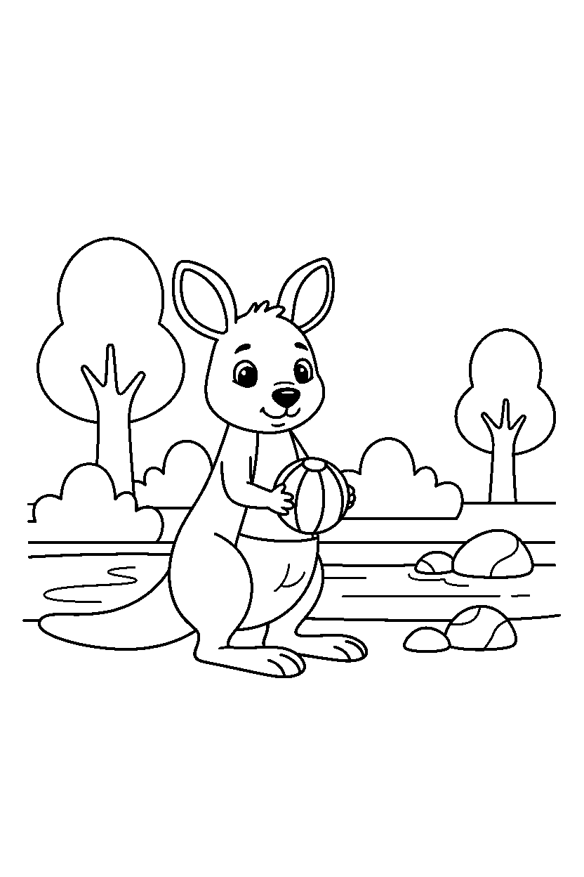 kangaroo holding a ball near a river line art