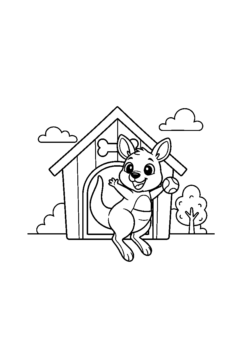 kangaroo playing happily inside a pet house line art