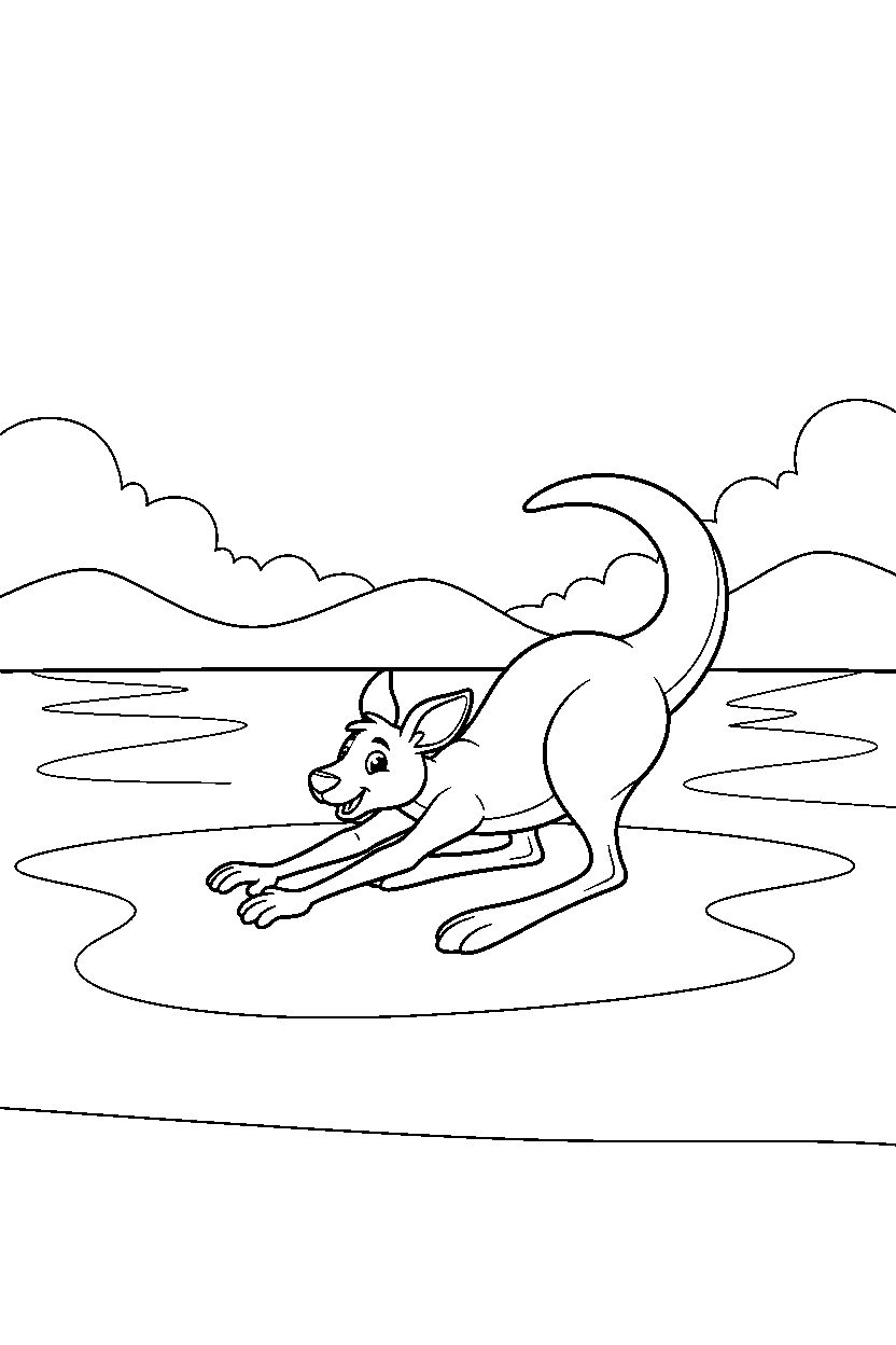 kangaroo stretching playfully on an ice lake line art