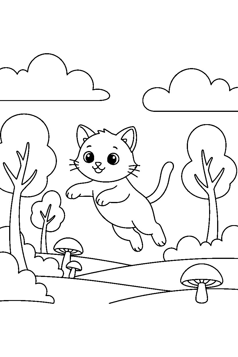kitten jumping gently in a forest line art