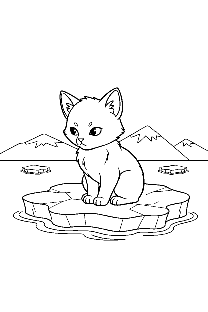 kitten listening carefully on sea ice line art
