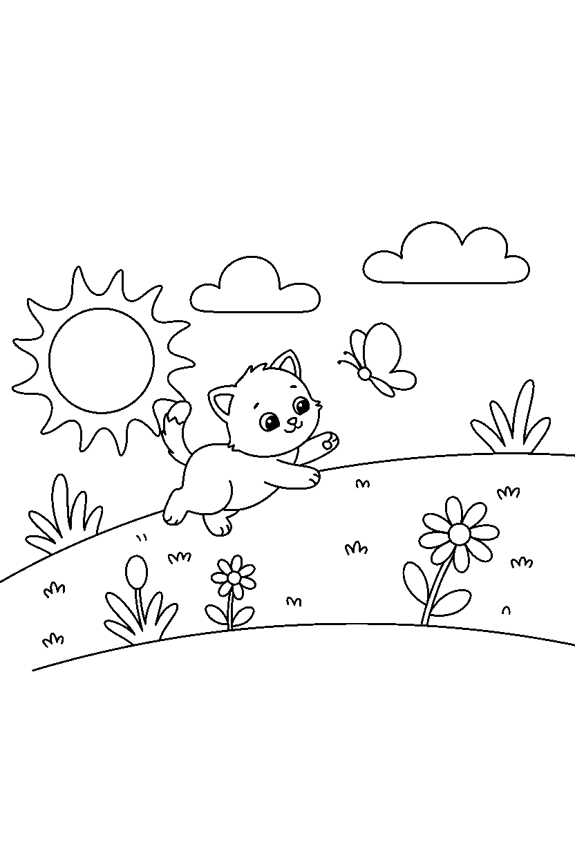 kitten playing gently on a grassy hill line art
